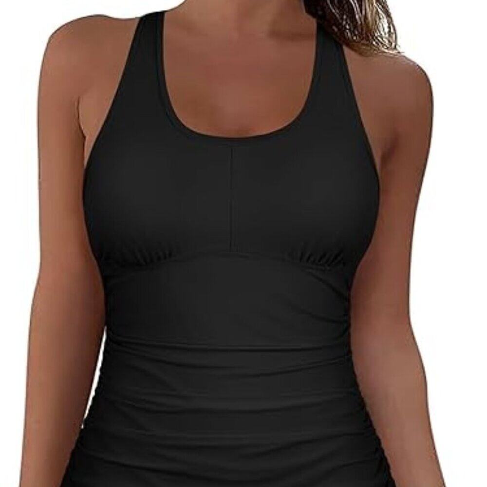 FIRPEARL MODEST WOMEN BLACK TANKINI SWIMMING RUCHED TANK SIZE US 14 NEW WITH TAG